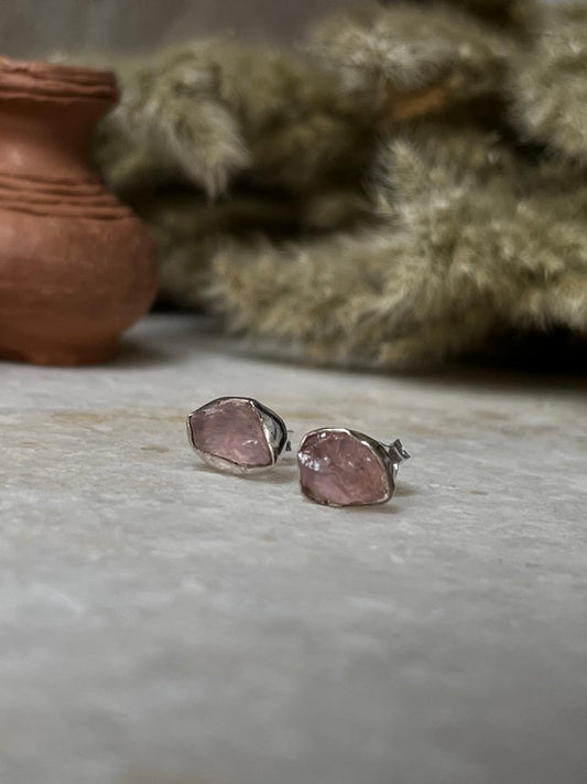 Rose Quartz Raw Uncut Studs 925 Sterling Silver Earrings