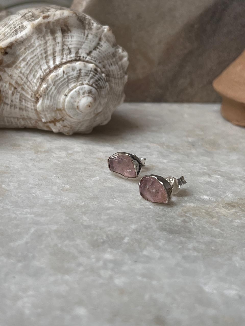 Rose Quartz Raw Uncut Studs 925 Sterling Silver Earrings