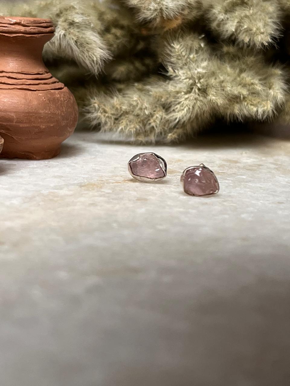 Rose Quartz Raw Uncut Studs 925 Sterling Silver Earrings