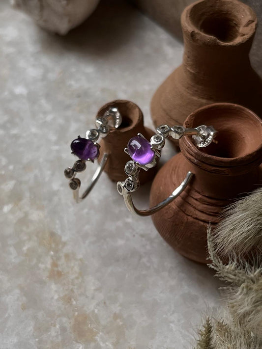 Amethyst Cz Half Hoops 925 Sterling Silver Earrings