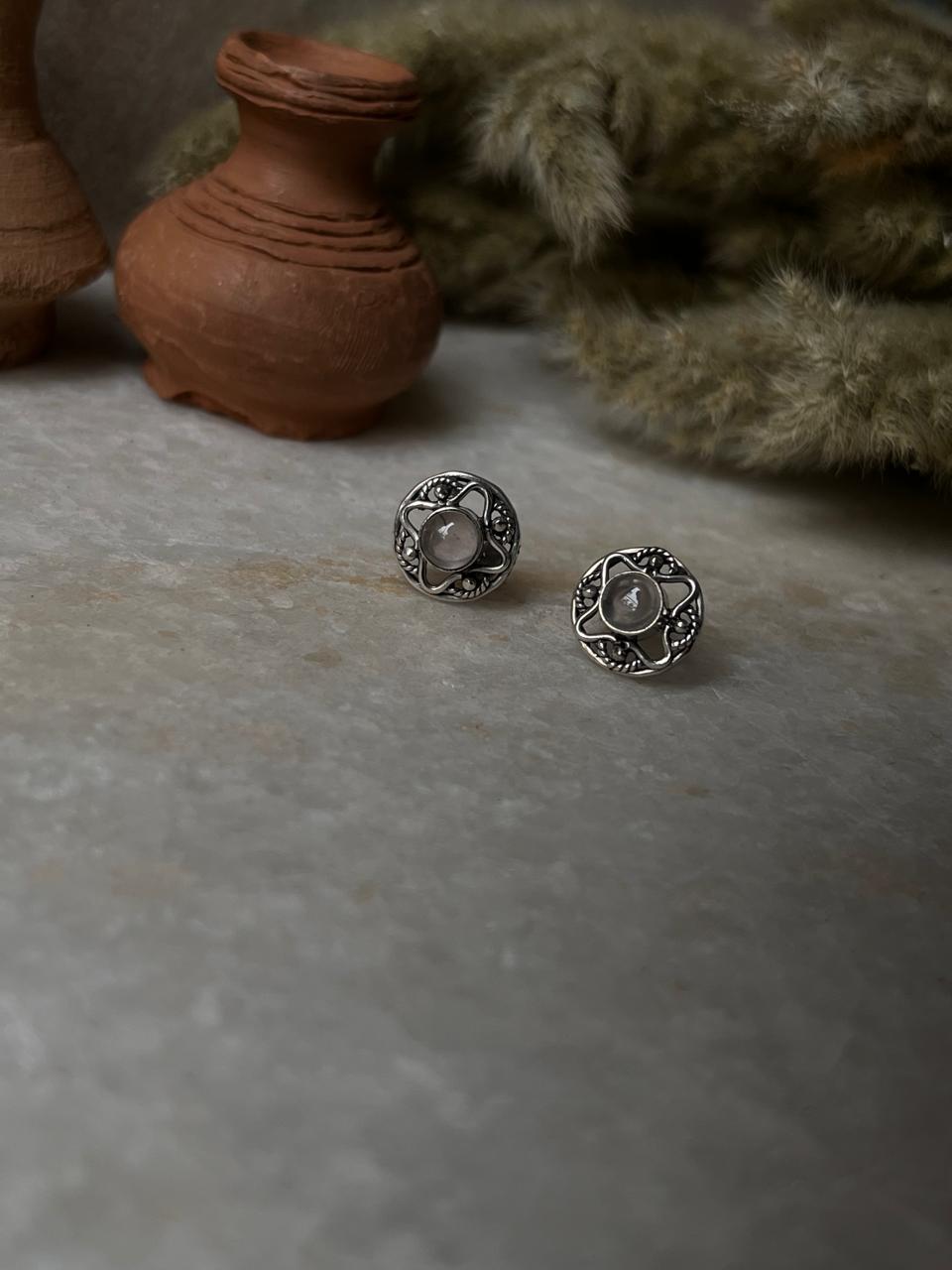 Rose Quartz Flower Studs 925 Sterling Silver Earrings