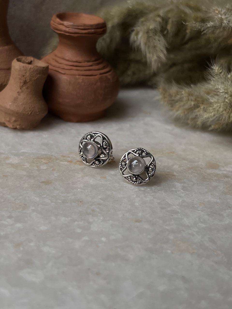 Rose Quartz Flower Studs 925 Sterling Silver Earrings