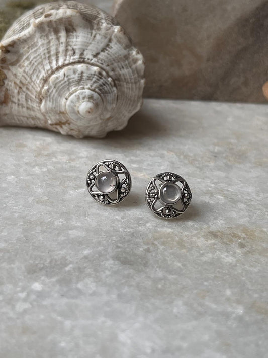 Rose Quartz Flower Studs 925 Sterling Silver Earrings
