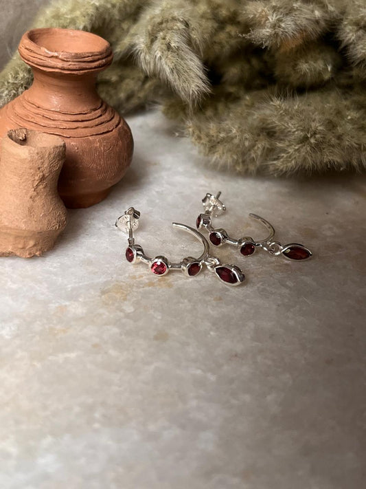 Garnet Half Hoops 925 Sterling Silver Earrings