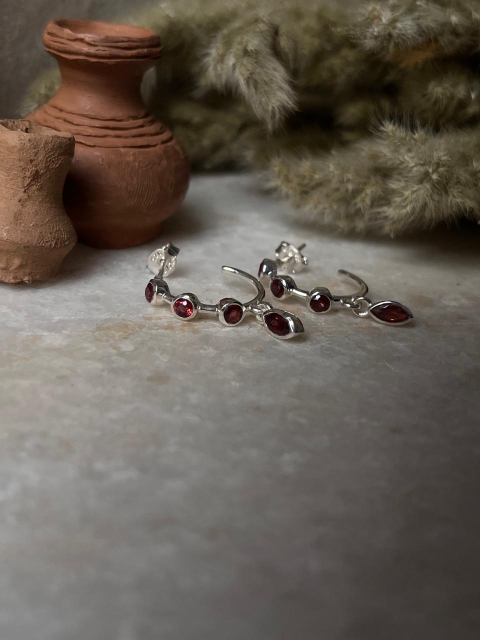 Garnet Half Hoops 925 Sterling Silver Earrings