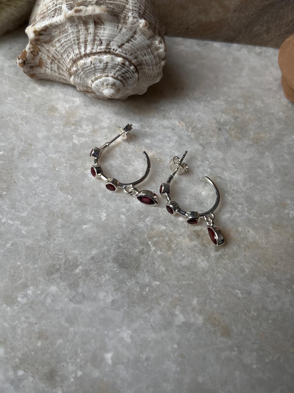 Garnet Half Hoops 925 Sterling Silver Earrings