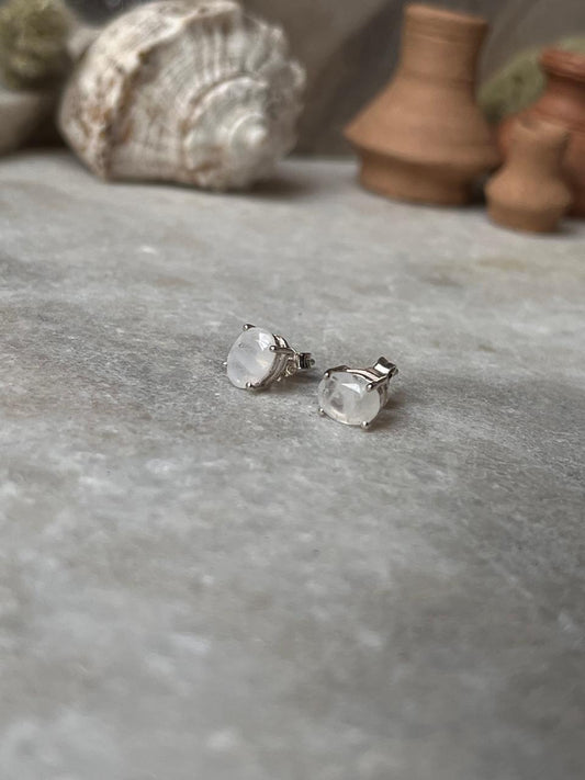 Moonstone Oval Faceted Studs 7MM 925 Sterling Silver Earrings