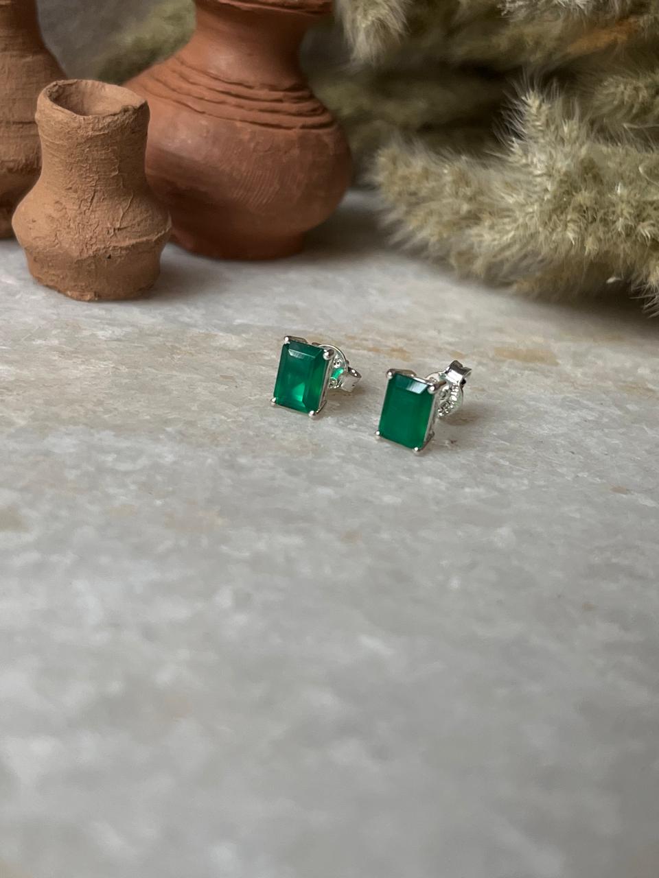 Green Onyx Octagon Cut Studs 925 Sterling Silver Earrings