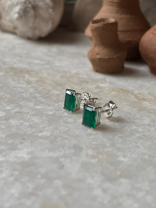 Green Onyx Octagon Cut Studs 925 Sterling Silver Earrings