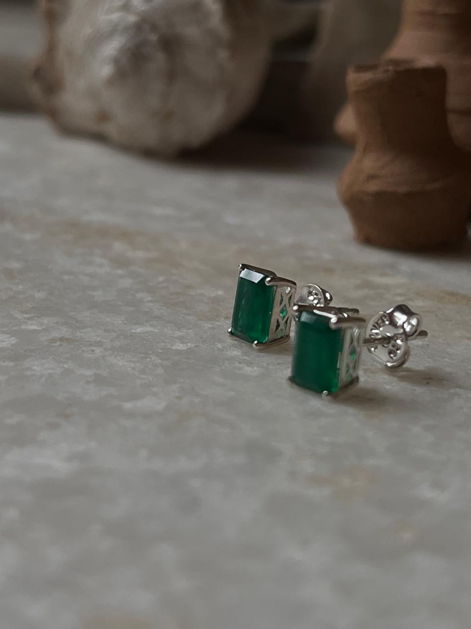 Green Onyx Octagon Cut Studs 925 Sterling Silver Earrings