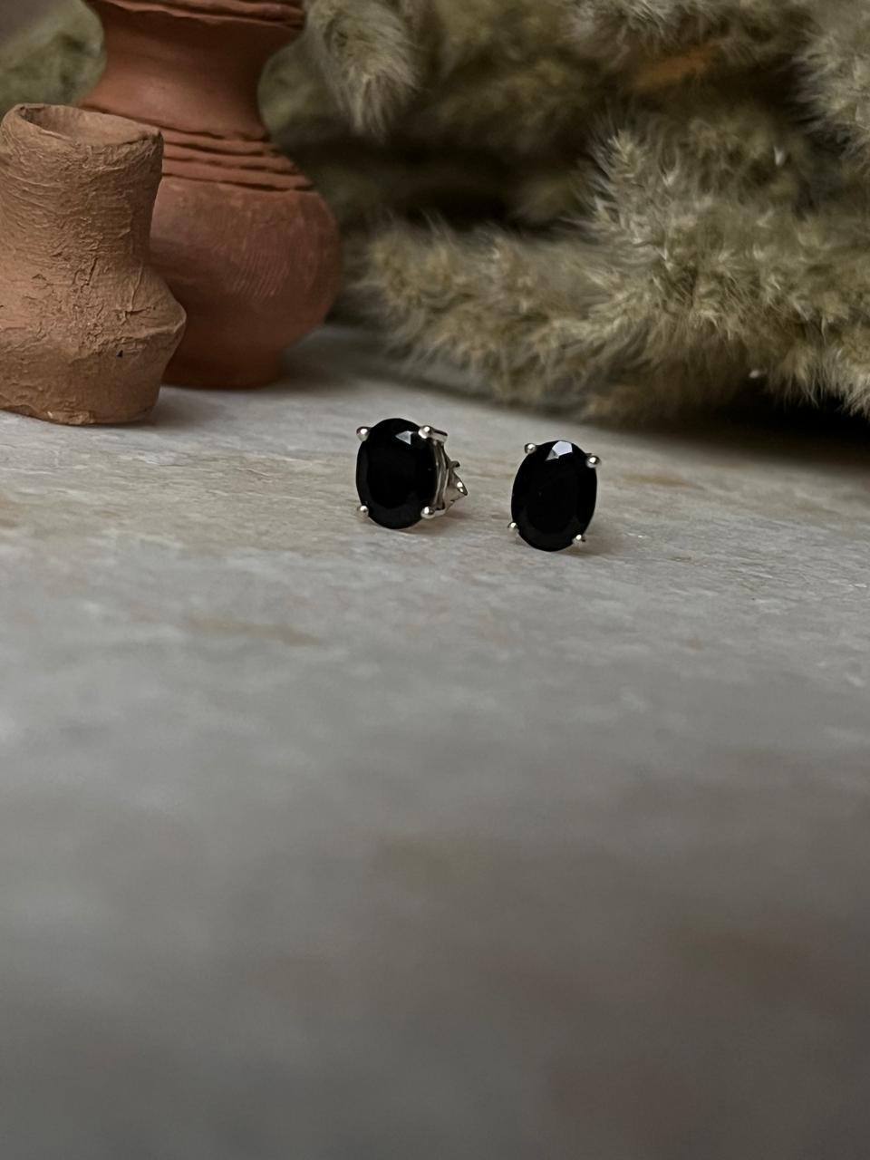 handcrafted black onyx 7mm oval studs in 925 sterling silver