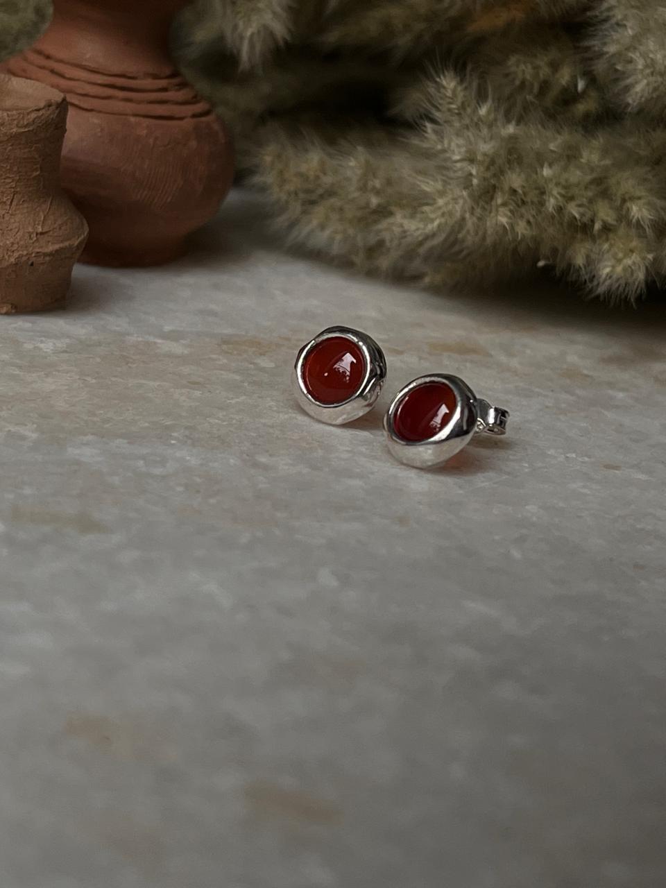 Carnelian Cab Stone Round Stud 925 Sterling Silver Earrings