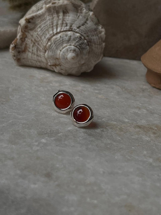 Carnelian Cab Stone Round Stud 925 Sterling Silver Earrings