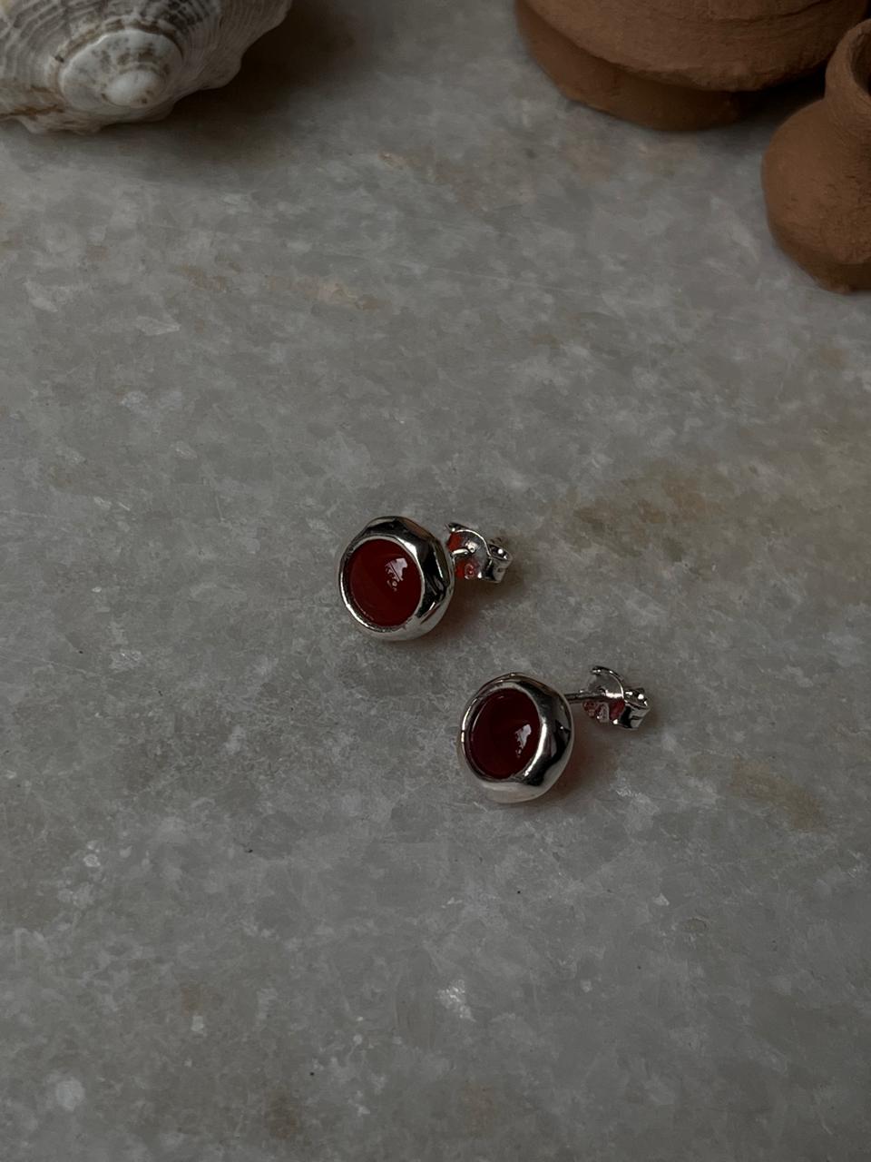 Carnelian Cab Stone Round Stud 925 Sterling Silver Earrings