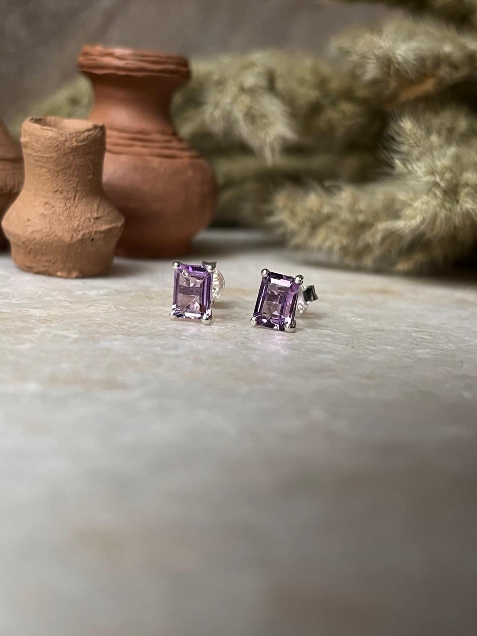 Amethyst Octagon Cut Stone Studs 925 Sterling Silver Earrings