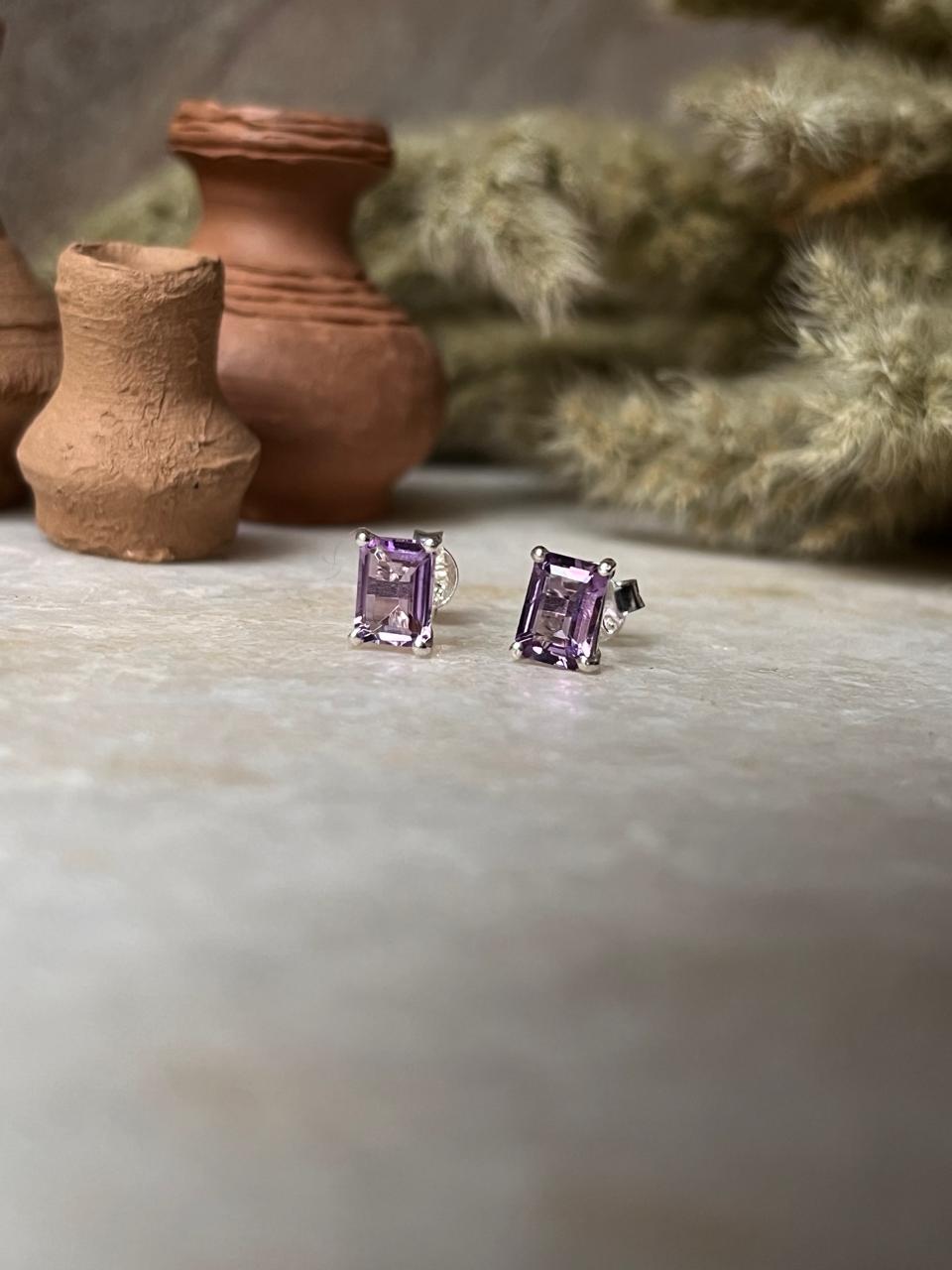 Amethyst Octagon Cut Stone Studs 925 Sterling Silver Earrings