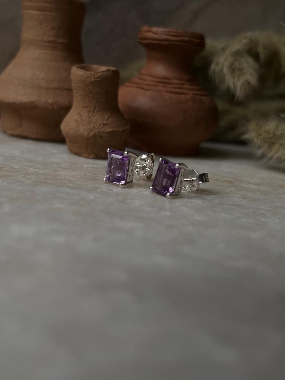 Amethyst Octagon Cut Stone Studs 925 Sterling Silver Earrings