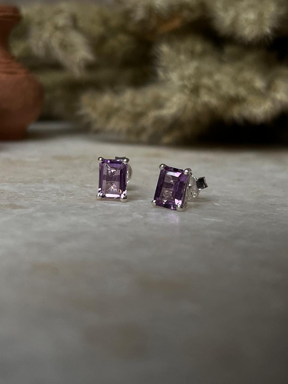 Amethyst Octagon Cut Stone Studs 925 Sterling Silver Earrings