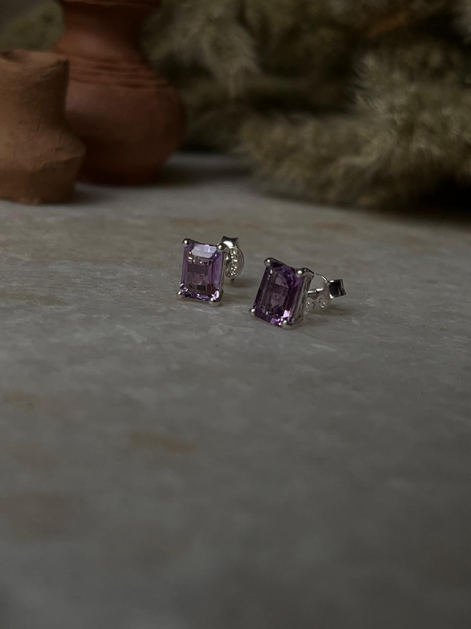 Amethyst Octagon Cut Stone Studs 925 Sterling Silver Earrings