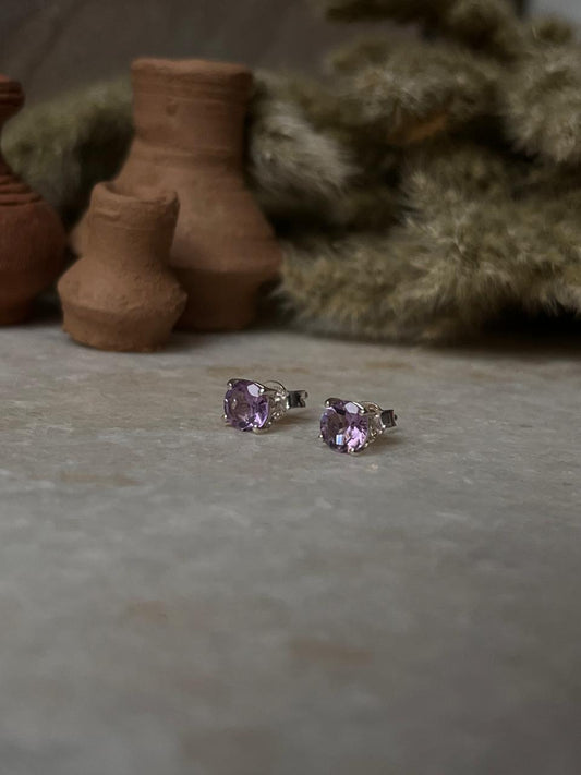 Amethyst Round Cut 6MM Studs 925 Sterling Silver Earrings