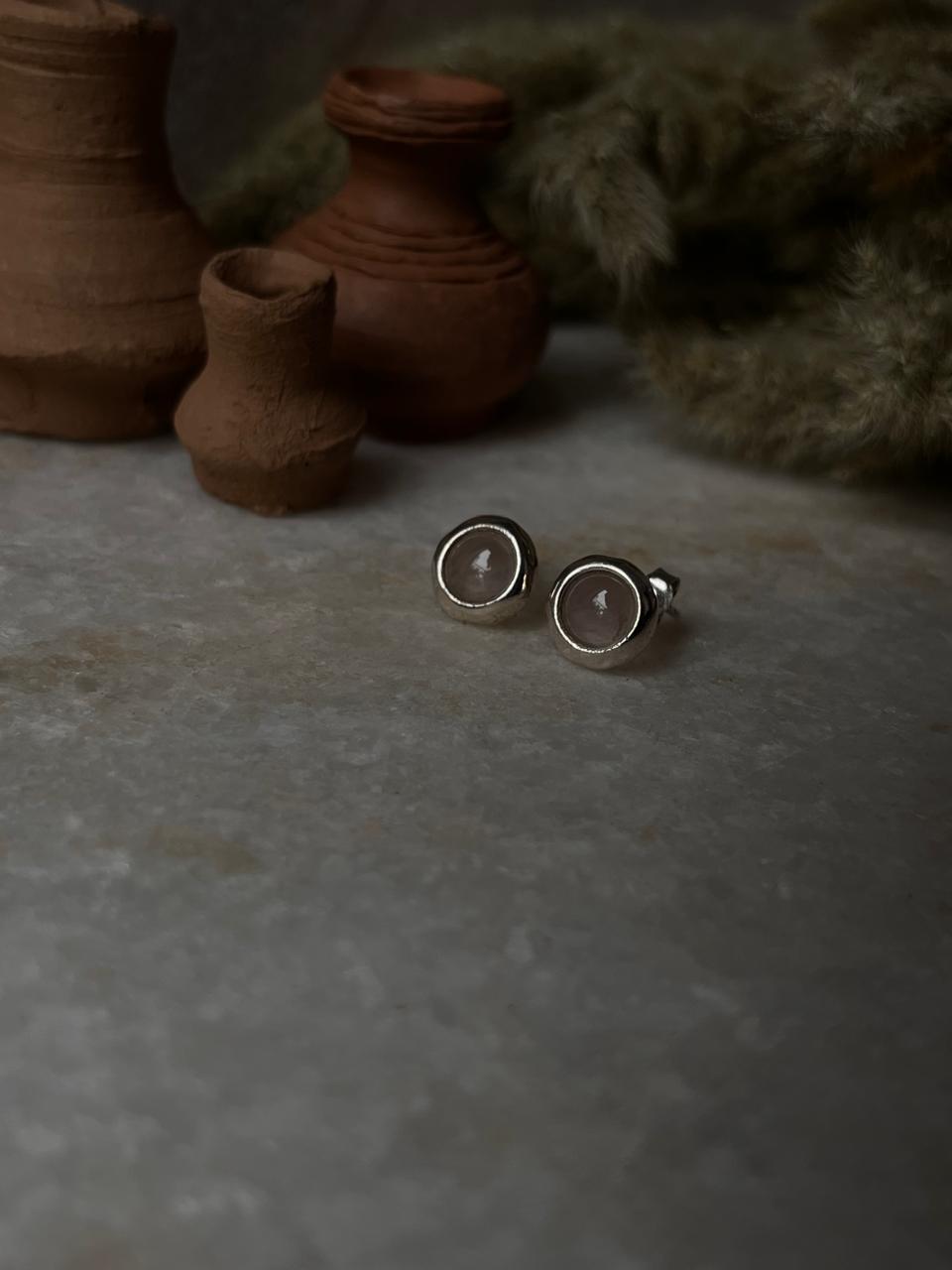 Rose Quartz Cab Stone Round 925 Sterling Silver Earrings