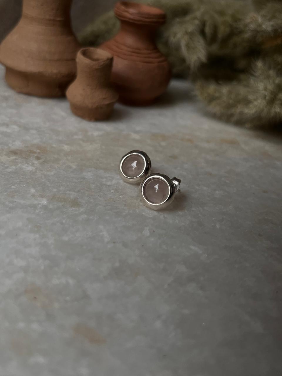 Rose Quartz Cab Stone Round 925 Sterling Silver Earrings