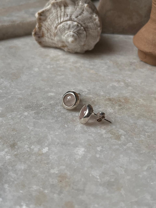 Rose Quartz Cab Stone Round 925 Sterling Silver Earrings