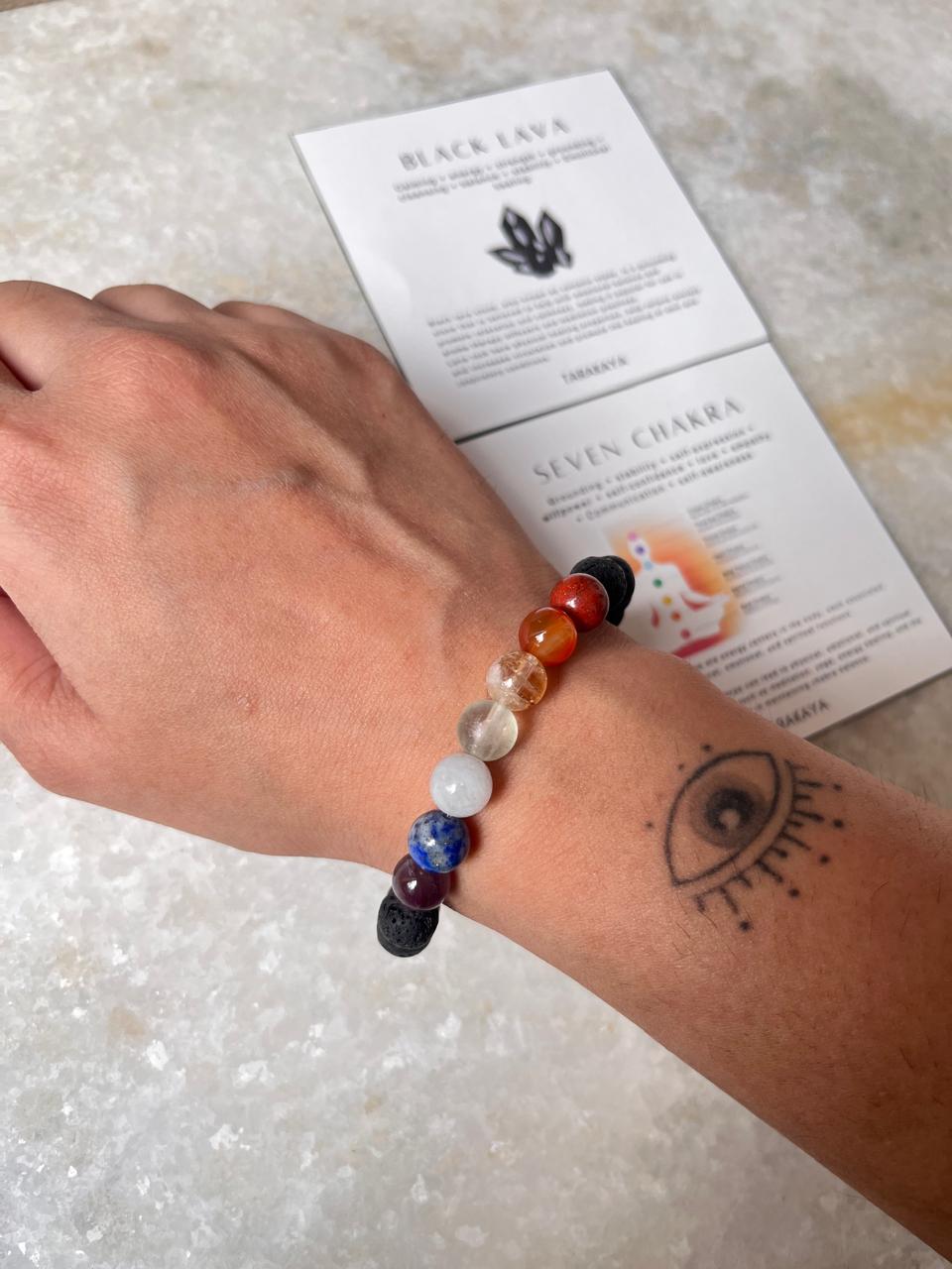Seven Chakra With Black Lava Natural Crystal Bracelet 8MM