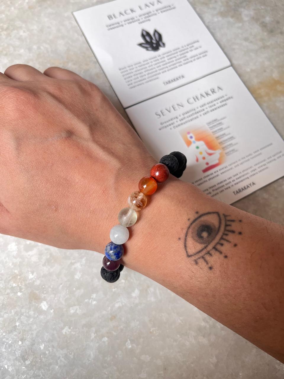 Seven Chakra With Black Lava Natural Crystal Bracelet 8MM