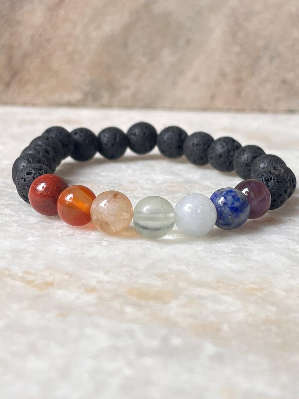 Seven Chakra With Black Lava Natural Crystal Bracelet 8MM