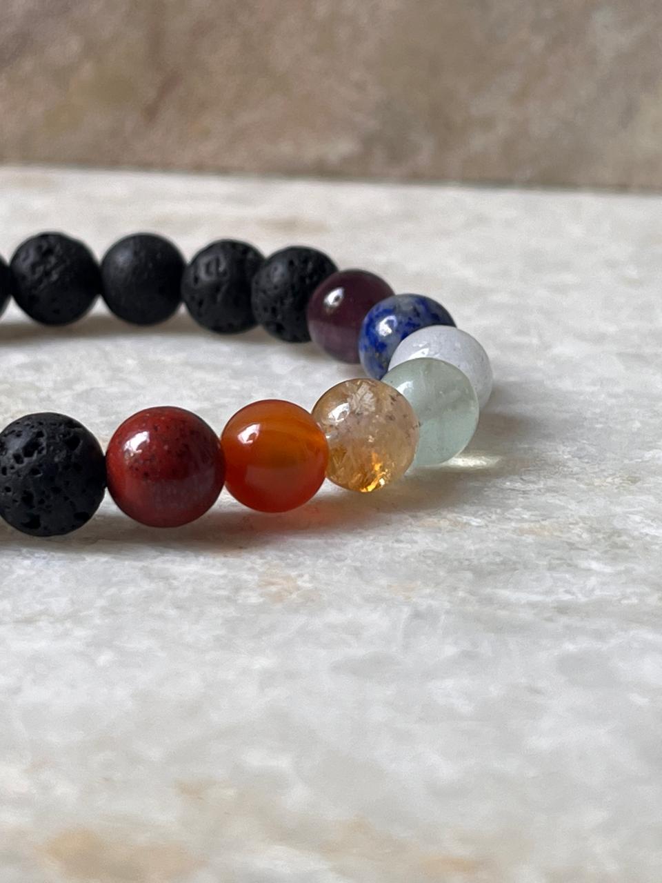 Seven Chakra With Black Lava Natural Crystal Bracelet 8MM