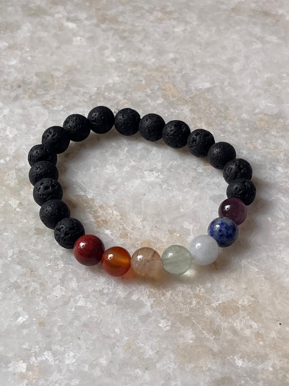 Seven Chakra With Black Lava Natural Crystal Bracelet 8MM