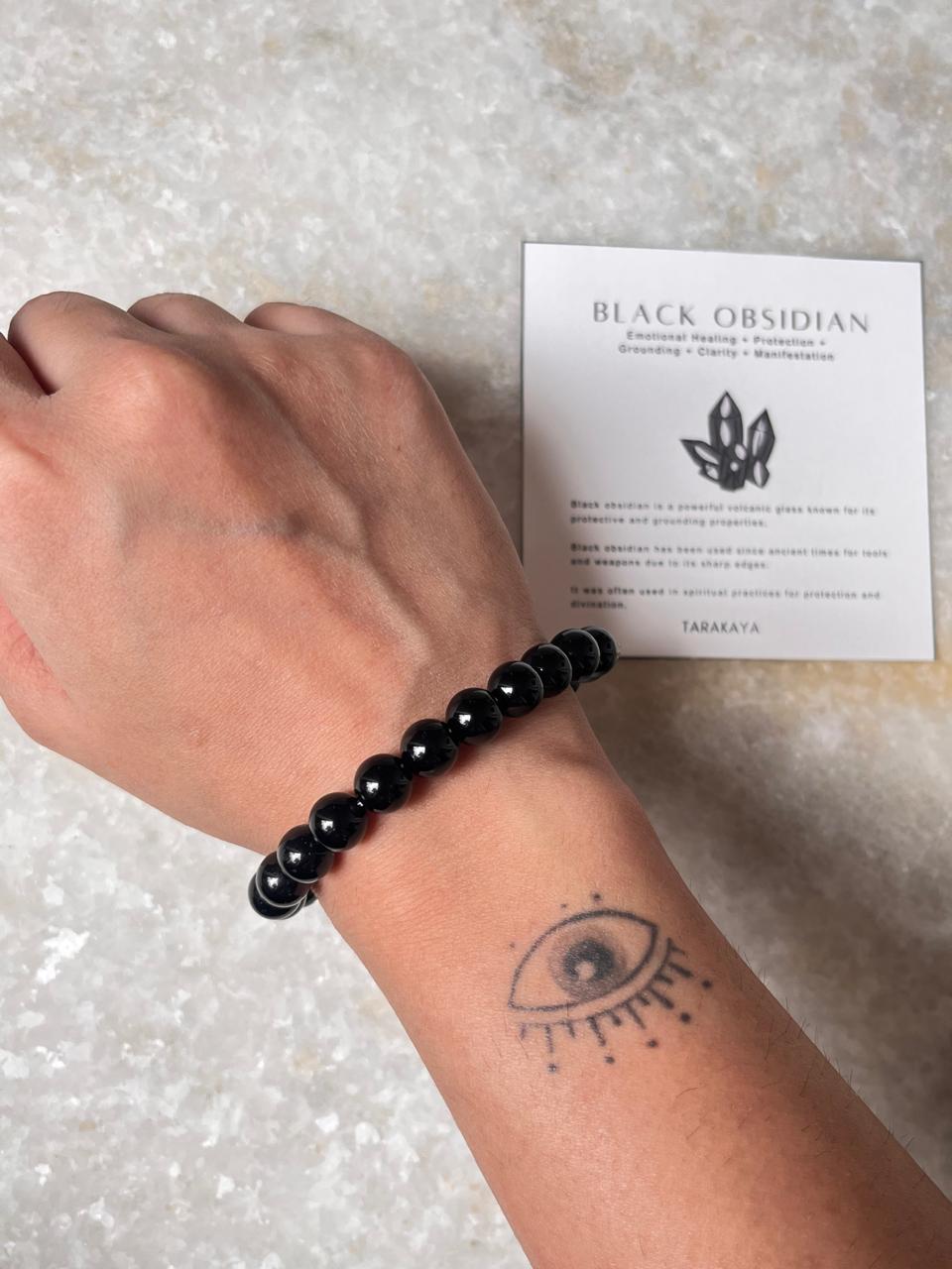 Black Obsidian - Natural Crystal Bracelet 8MM - Tarakaya Silver