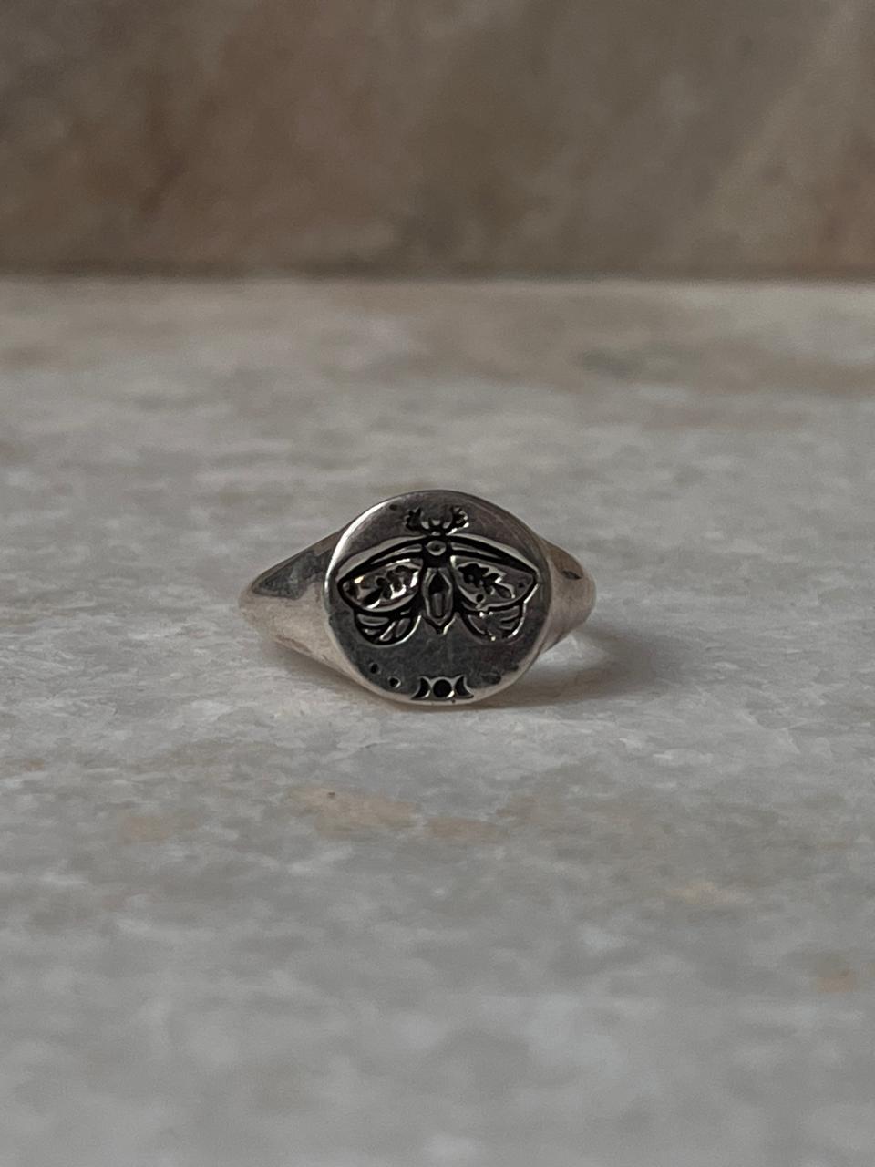 Moth Cosmic Engraved Signet 925 Sterling Silver Ring