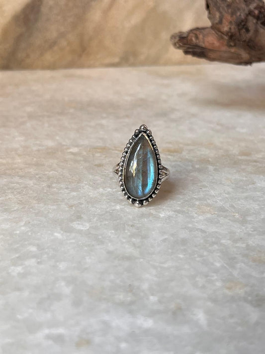 Labradorite Boho Pear Statement 925 Sterling Silver Ring