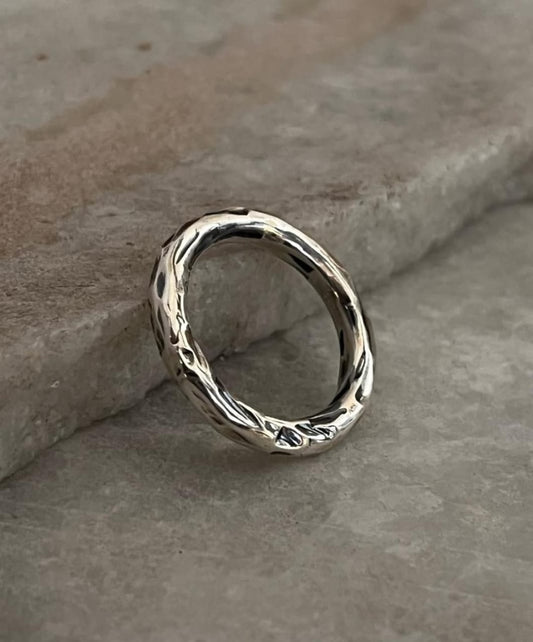 Hammered Thick Molten Chunky Band 925 Sterling Silver Ring