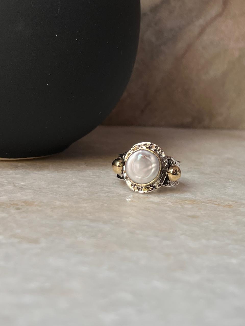 Baroque Pearl Round Rustic Fusion Handcrafted 925 Sterling Silver Ring