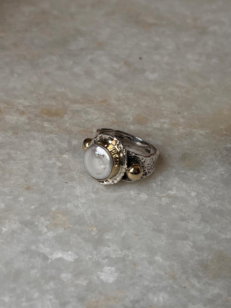 Baroque Pearl Round Rustic Fusion Handcrafted 925 Sterling Silver Ring