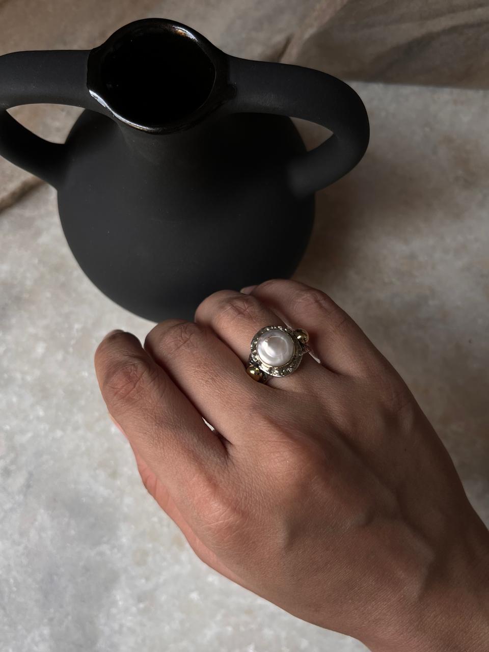 Baroque Pearl Round Rustic Fusion Handcrafted 925 Sterling Silver Ring