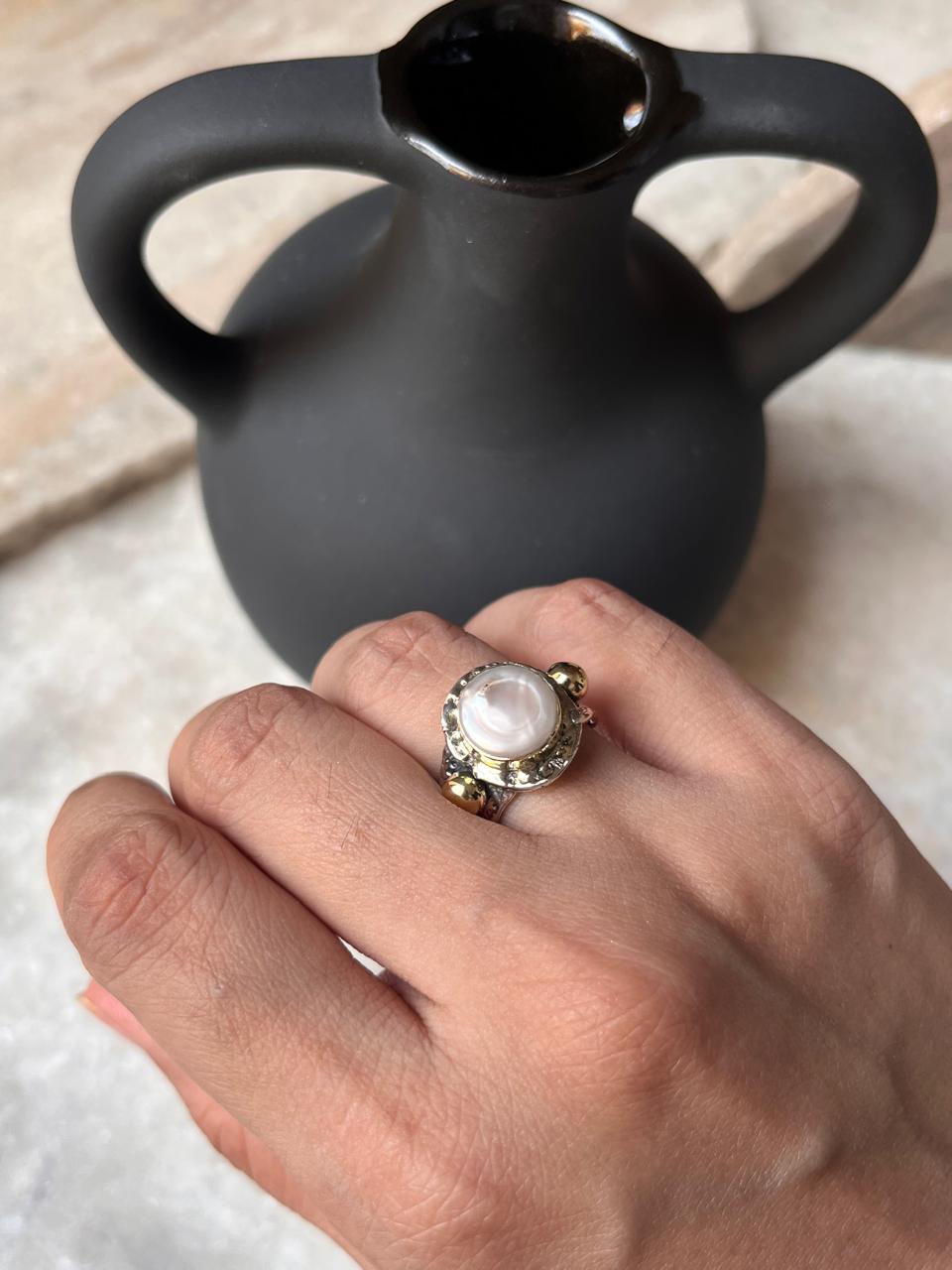 Baroque Pearl Round Rustic Fusion Handcrafted 925 Sterling Silver Ring