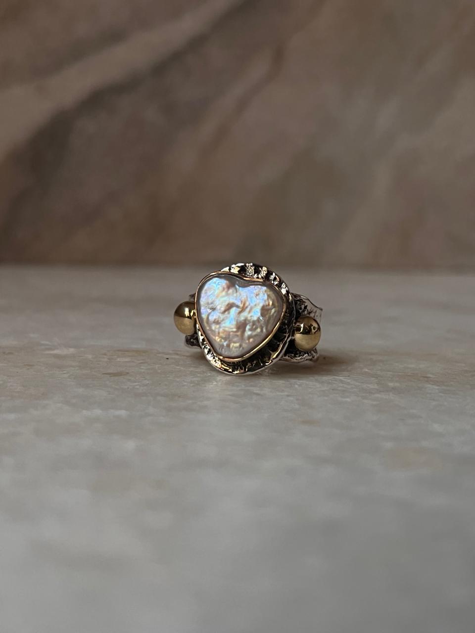 Baroque Pearl Heart Rustic Fusion Handcrafted 925 Sterling Silver Ring