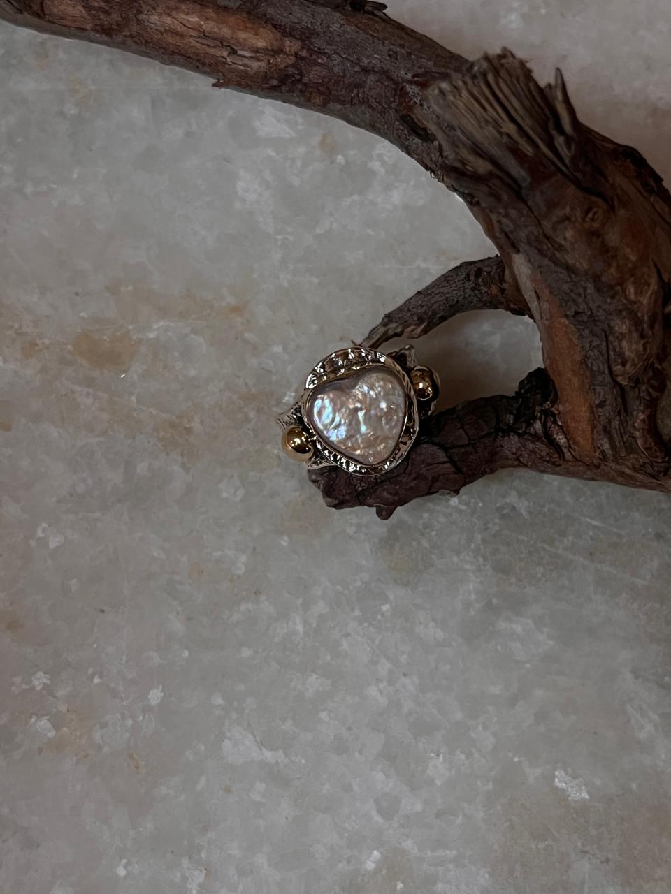 Baroque Pearl Heart Rustic Fusion Handcrafted 925 Sterling Silver Ring