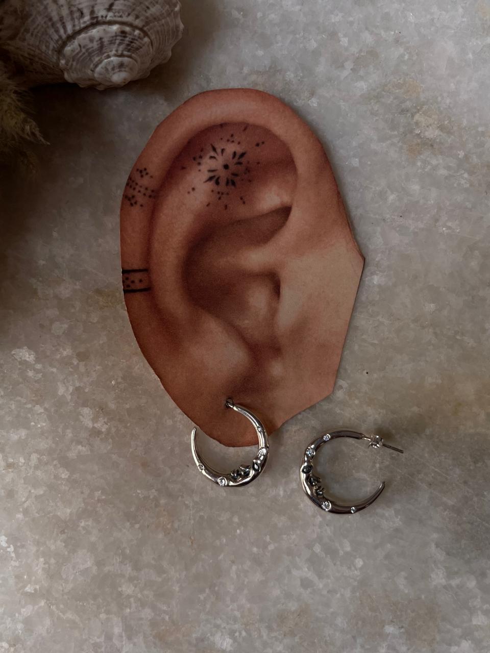 Celestial Charm -Crescent Moon Face Cz studded 925 Sterling Silver Half Hoops