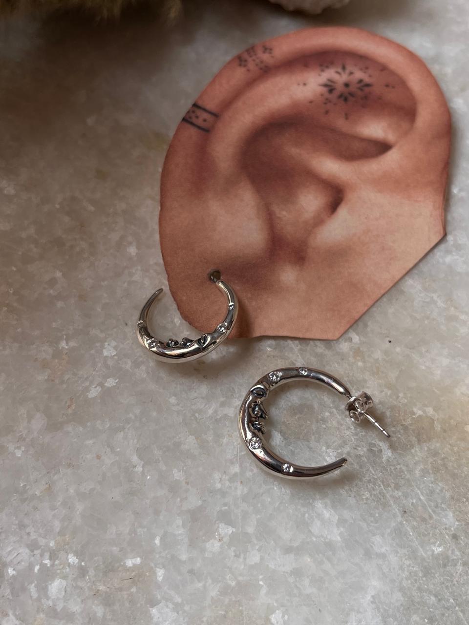 Celestial Charm -Crescent Moon Face Cz studded 925 Sterling Silver Half Hoops