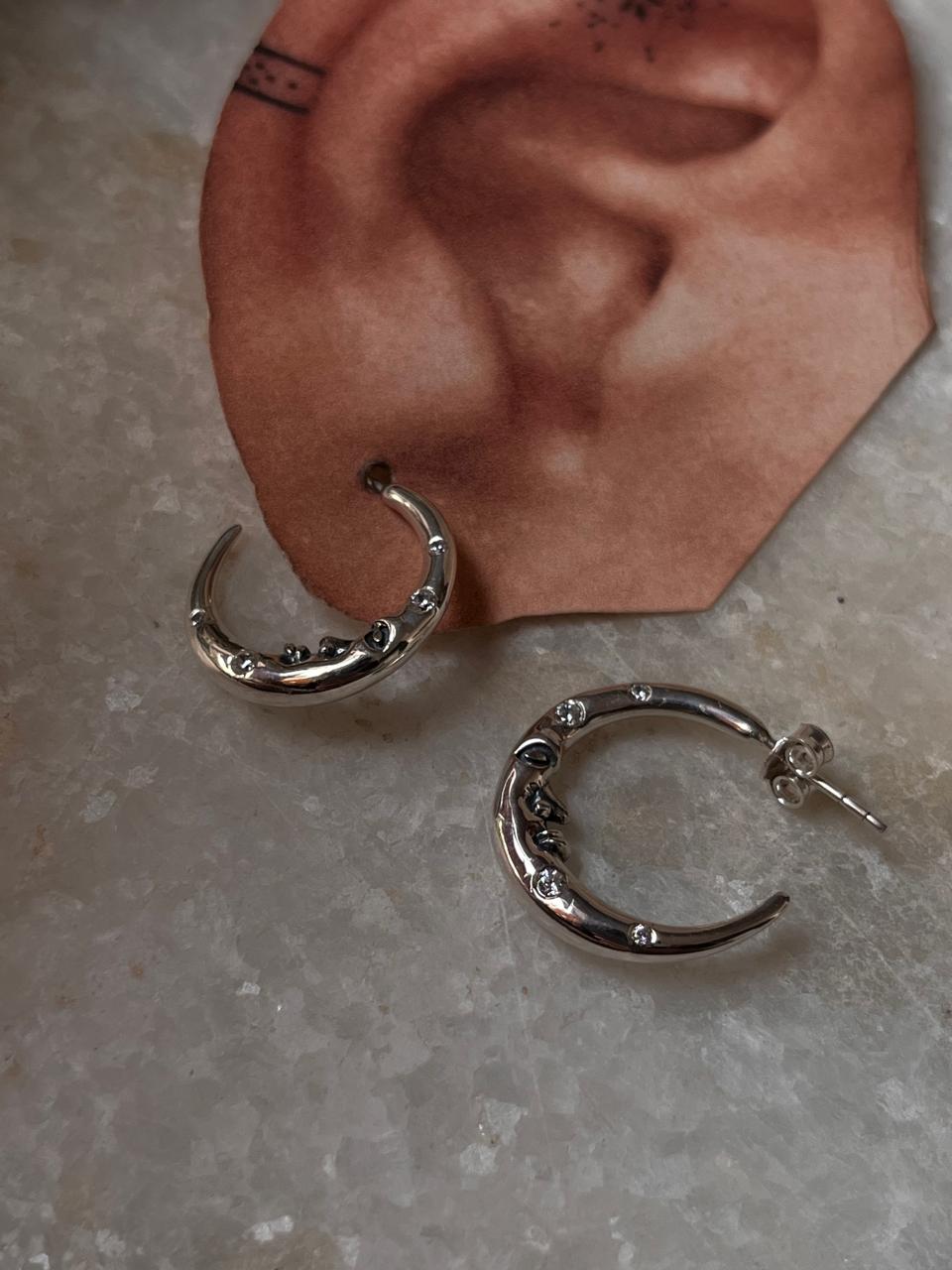 Celestial Charm -Crescent Moon Face Cz studded 925 Sterling Silver Half Hoops