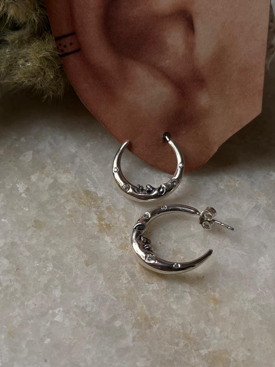 Celestial Charm -Crescent Moon Face Cz studded 925 Sterling Silver Half Hoops