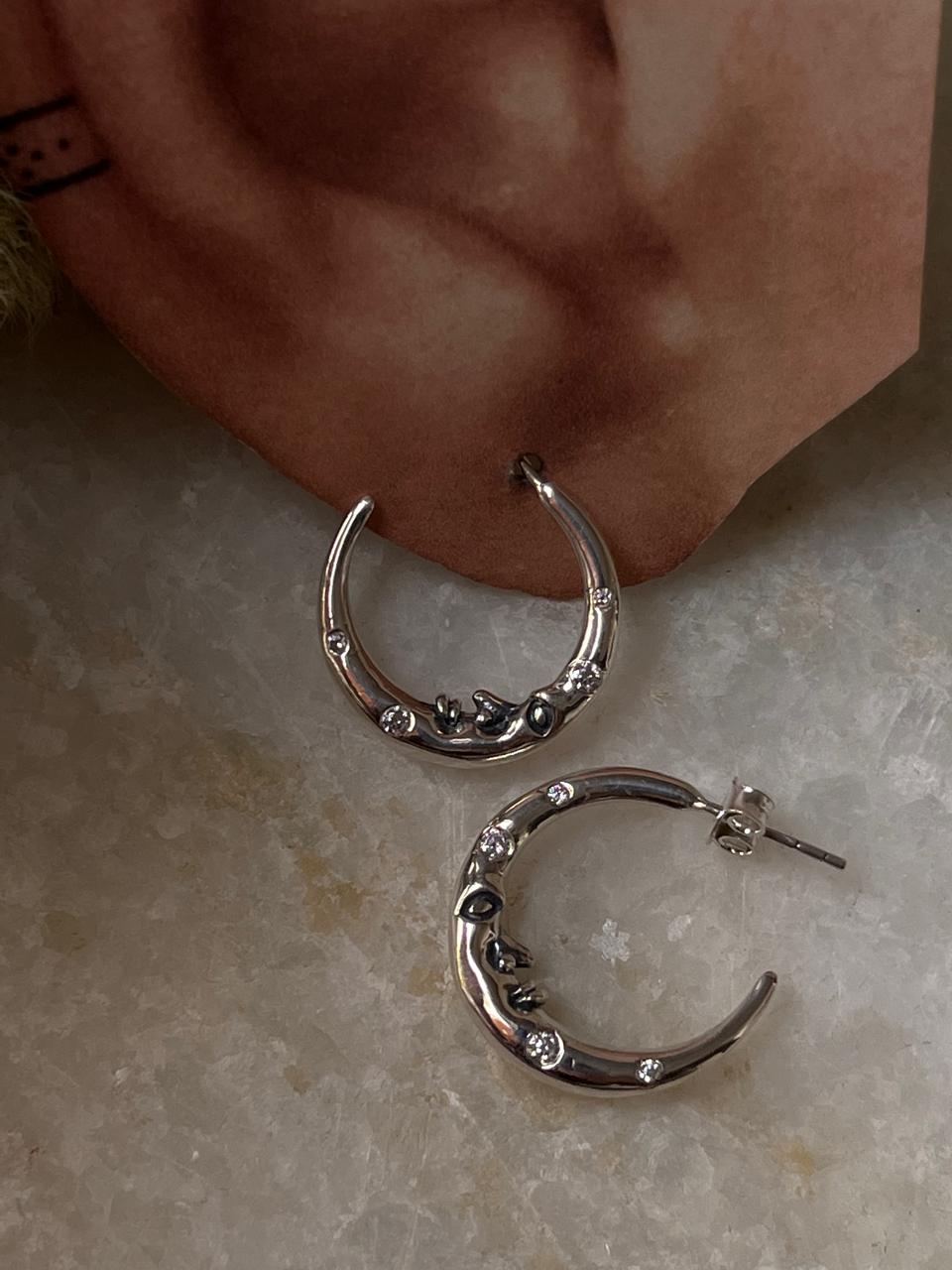 Celestial Charm -Crescent Moon Face Cz studded 925 Sterling Silver Half Hoops