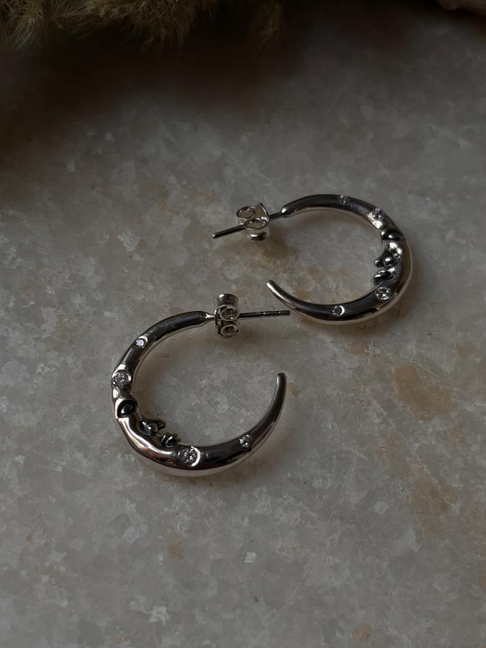 Celestial Charm -Crescent Moon Face Cz studded 925 Sterling Silver Half Hoops