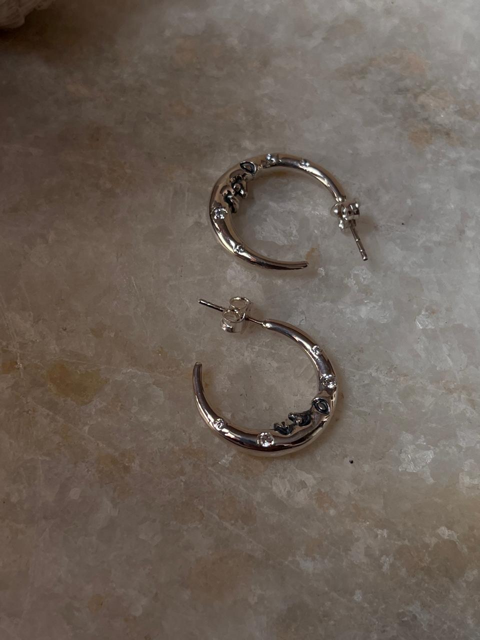 Celestial Charm -Crescent Moon Face Cz studded 925 Sterling Silver Half Hoops