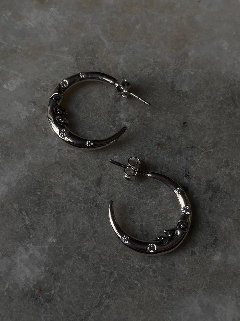 Celestial Charm -Crescent Moon Face Cz studded 925 Sterling Silver Half Hoops